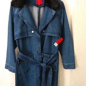 NWT Jennifer Lopez Denim Trench Coat w/Fur Collar